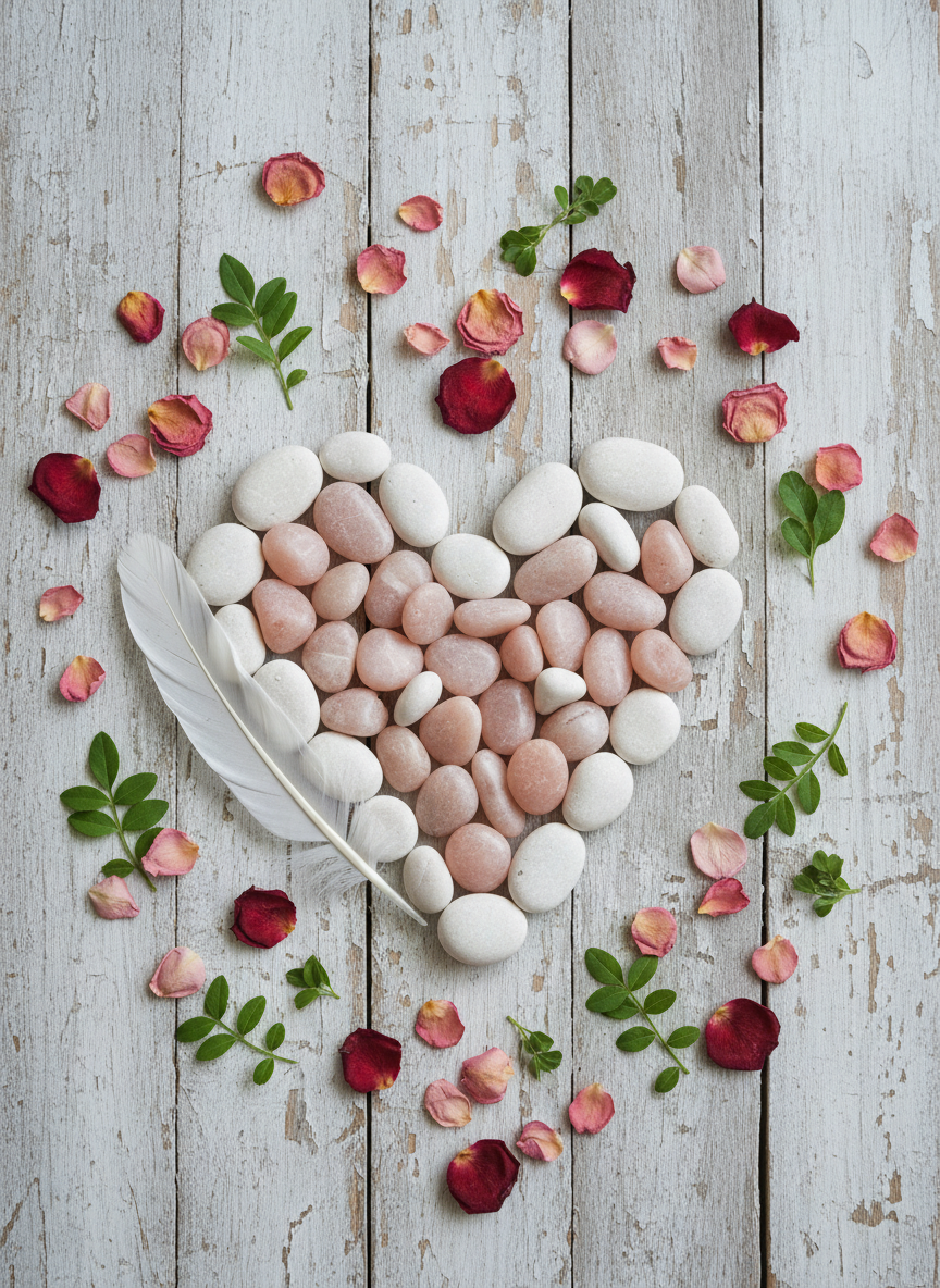 An abstract yet photographic representation of emotional healing as love, using natural elements: a heart shape formed from smooth white and pale pink stones on a weathered wooden surface, surrounded by scattered dried rose petals and tiny green leaves. A single white feather lies diagonally across one side of the heart, suggesting lightness and release. Soft, diffused overhead daylight minimizes harsh shadows, giving the stones and petals a gentle, matte appearance. Shot from directly above with a centered composition, maintaining sharp focus throughout. The mood is tender, hopeful, and contemplative, visually translating the concept of love as the foundation of holistic healing in a sophisticated, minimalist style.