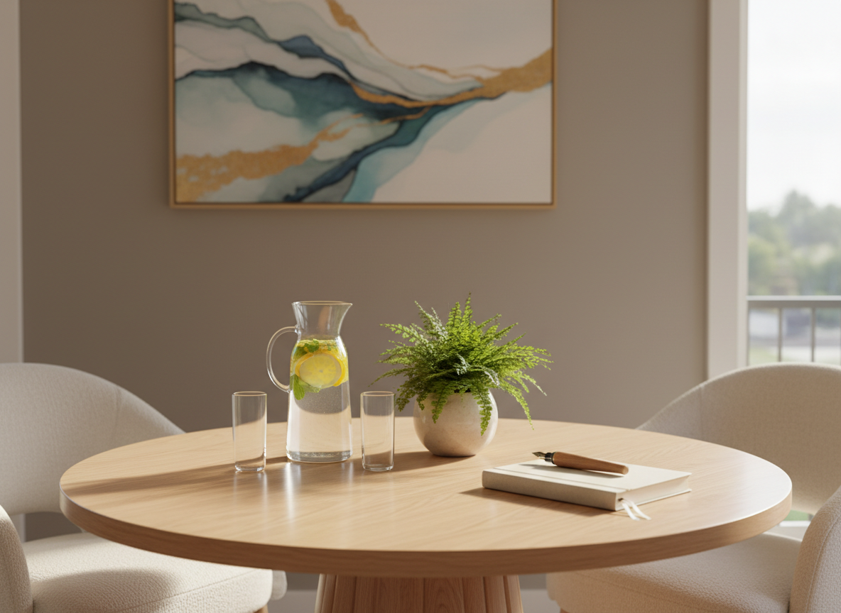 A refined consultation setting for holistic emotional healing without showing people, featuring a round light-wood table with two facing upholstered chairs just out of frame. On the table, a carafe of infused water with floating citrus slices and mint leaves, two minimalist glasses, a small potted plant, and a linen-bound notebook with a wooden fountain pen rest neatly arranged. The backdrop is a calm, warm-gray wall with a single abstract artwork suggesting flowing energy forms. Natural afternoon light enters from the right, casting soft shadows and gentle reflections on the tabletop. Photographic realism, shot at eye level with balanced framing, creating an atmosphere of safety, trust, and loving, attentive presence.