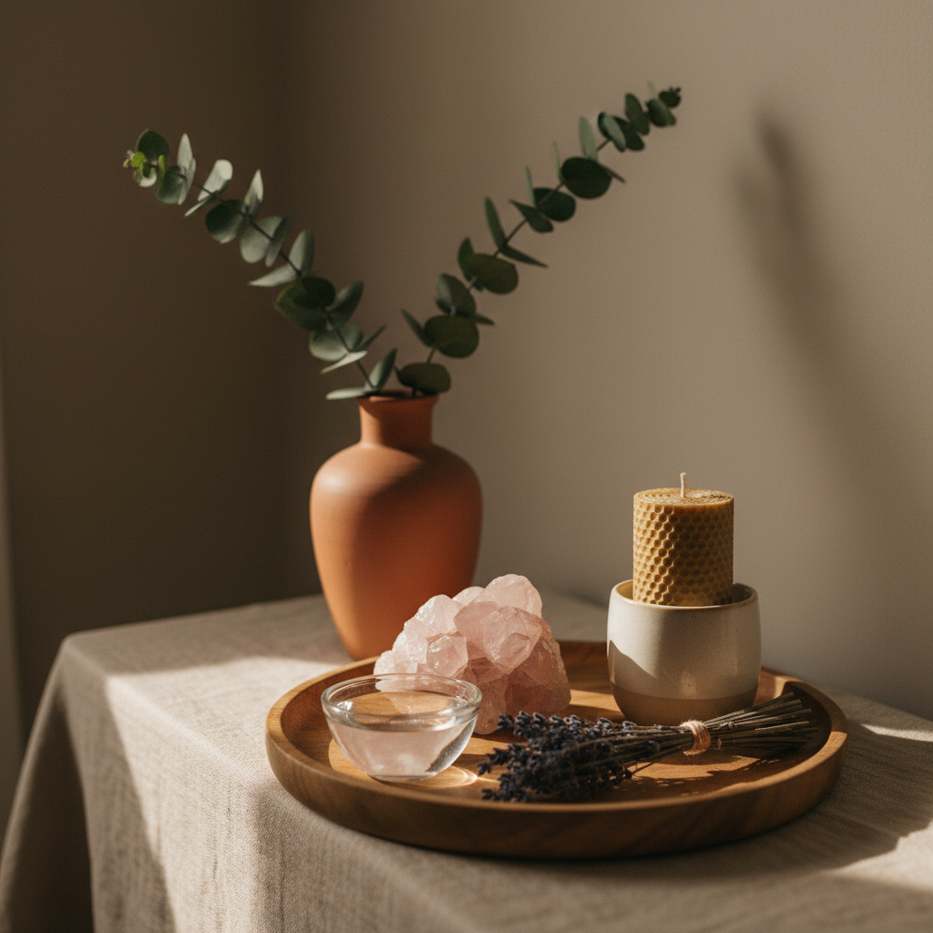 A carefully arranged holistic altar for emotional healing and self-love, featuring a round wooden tray holding a rose quartz crystal cluster, a small glass bowl of clear water, a beeswax candle in a matte ceramic holder, and a bundle of dried lavender. Behind, a simple clay vase with eucalyptus branches rests on a linen-covered console table against a light taupe wall. Soft morning light streams from the left, creating gentle highlights on the crystal facets and candle edges, with calm, elongated shadows. Photographic realism, composed using the rule of thirds, shallow depth of field to blur the background, and a warm, intimate mood that suggests introspection, compassion, and inner peace.