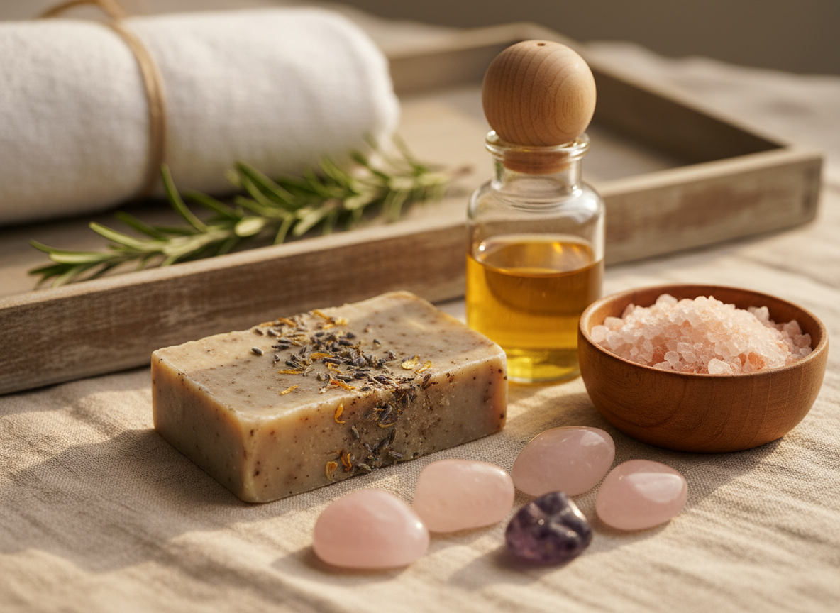 A close-up, photographic realistic scene of holistic self-care objects arranged on a natural linen cloth: a handcrafted bar of botanical soap with visible flower petals, a small bowl of pink Himalayan salt, a glass bottle of golden herbal oil with a wooden cap, and smooth rose quartz and amethyst stones placed thoughtfully nearby. In the background, out of focus, a soft cotton towel and a sprig of fresh rosemary rest on a wooden tray. Warm, directional side light from a nearby window creates delicate highlights and subtle shadows, emphasizing textures and transparency. Shot at a shallow depth of field for an intimate, sophisticated feel, evoking gentle, loving care for body, mind, and spirit.