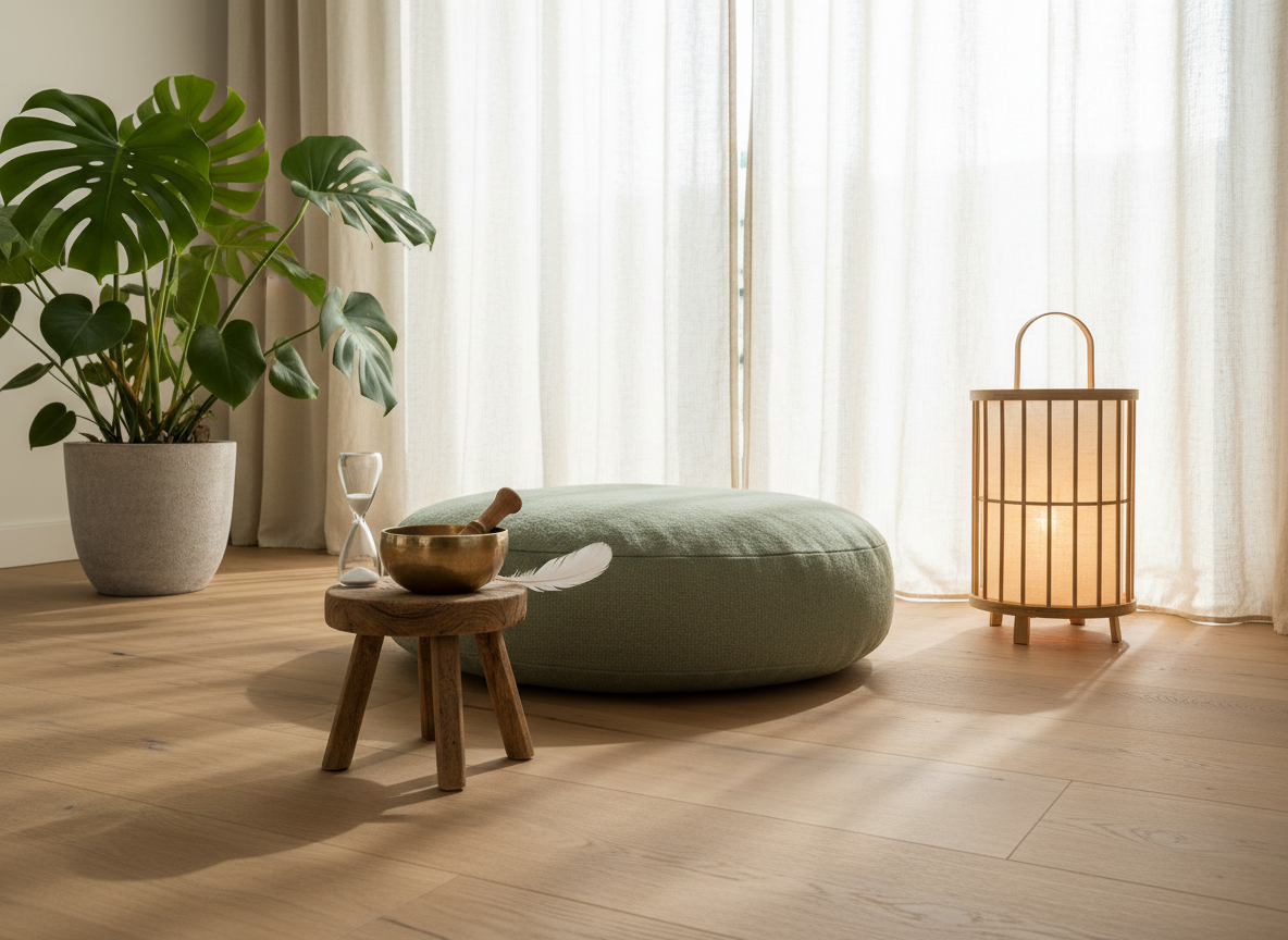 A serene meditation and emotional healing nook, centered on a thick natural-fiber cushion in muted sage green resting on light oak floorboards. In front of the cushion, a low wooden stool supports a singing bowl, a small sand timer, and a single white feather. To the side, a floor lantern with a warm LED candle glows softly, while a large leafy plant in a stone pot anchors the corner. Sheer curtains diffuse the afternoon light, creating a gentle, luminous ambiance. Photographic realism, shot from a low, slightly angled perspective to invite the viewer into the space. The mood is introspective, safe, and lovingly held, with a sophisticated, uncluttered composition.