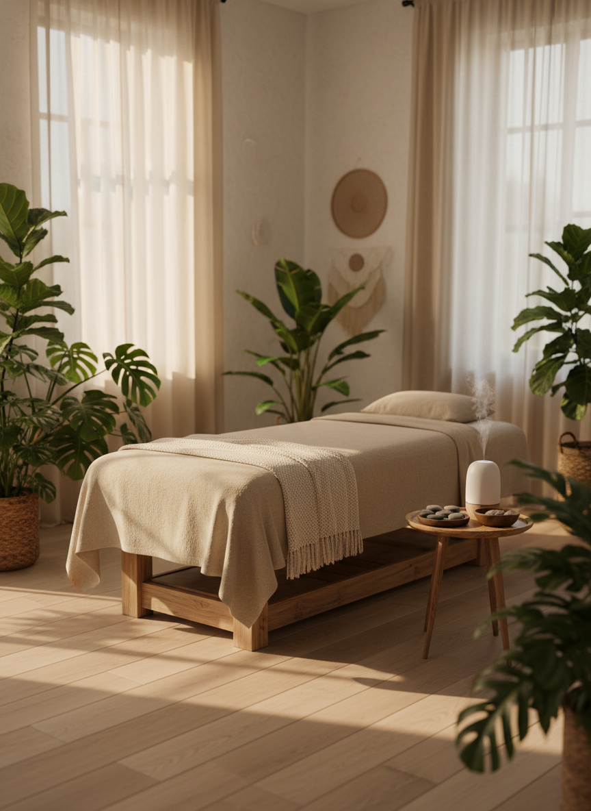 A tranquil holistic healing room designed for emotional and spiritual well-being, with a low natural wood massage table dressed in soft sand-colored linen and a folded cream blanket at the foot. The space is surrounded by large potted green plants, smooth river stones in a shallow wooden bowl, and a ceramic diffuser gently releasing a barely visible mist. Late afternoon golden light filters through sheer beige curtains, casting warm, soft shadows on textured off-white walls. Photographic realism, shot at eye level with a slightly wide angle, emphasizing space and calm. The atmosphere feels serene, nurturing, and sophisticated, with a warm, organic palette and a subtle bokeh background that keeps the focus on the healing space.