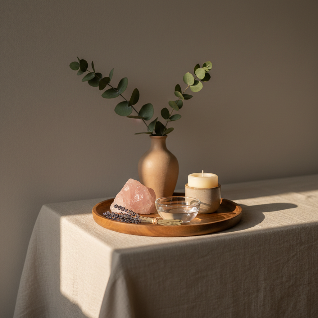 A carefully arranged holistic altar for emotional healing and self-love, featuring a round wooden tray holding a rose quartz crystal cluster, a small glass bowl of clear water, a beeswax candle in a matte ceramic holder, and a bundle of dried lavender. Behind, a simple clay vase with eucalyptus branches rests on a linen-covered console table against a light taupe wall. Soft morning light streams from the left, creating gentle highlights on the crystal facets and candle edges, with calm, elongated shadows. Photographic realism, composed using the rule of thirds, shallow depth of field to blur the background, and a warm, intimate mood that suggests introspection, compassion, and inner peace.