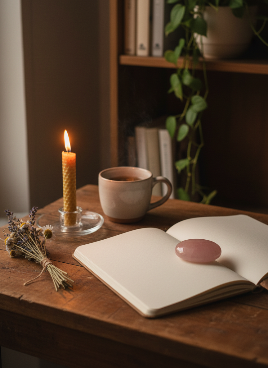 A holistic journaling and reflection scene set on a rustic wooden desk, with an open cream-colored notebook filled with blank, high-quality paper, a smooth rose quartz palm stone resting on one page, and a lit beeswax candle in a simple glass holder casting a soft flame. A small bundle of wildflowers tied with twine and a ceramic cup of herbal infusion sit nearby. The background fades into a softly out-of-focus bookshelf with a few neutral-toned spines and a trailing plant. Warm, intimate evening light combines with the candle glow, creating layered highlights and gentle shadows. Photographic realism, captured from a three-quarter angle, conveying introspection, self-love, and gentle emotional healing.